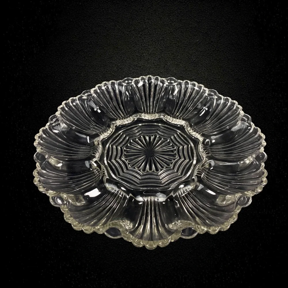Anchor Hocking Deviled Egg Plate 896 Glass Dish 1950s Shell Wave and Fan